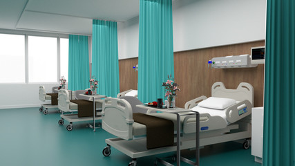 Hospital room with beds .Empty bed  and wheelchai in nursing  a clinic or hospital . 3d private room rendering.Luxury patient bed  illustration.Modern hospital,health care concept.
