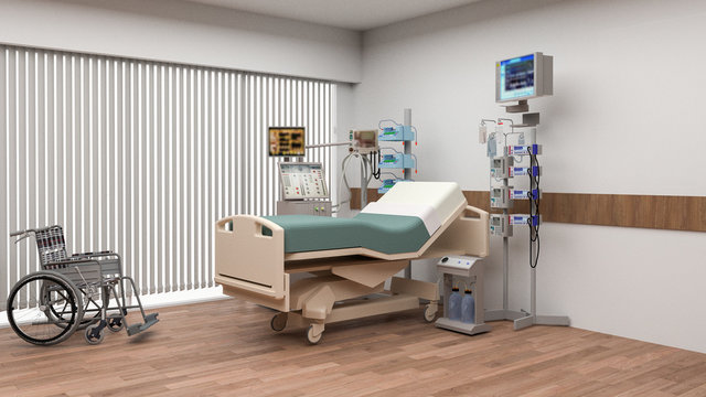 Hospital room with beds .Empty bed  and wheelchai in nursing  a clinic or hospital . 3d private room rendering.Luxury patient bed  illustration.Modern hospital,health care concept.
