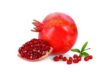 pomegranate fruits with leaf isolated on white background