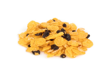 crispy honey cornflakes with raisin isolated on white backgrond