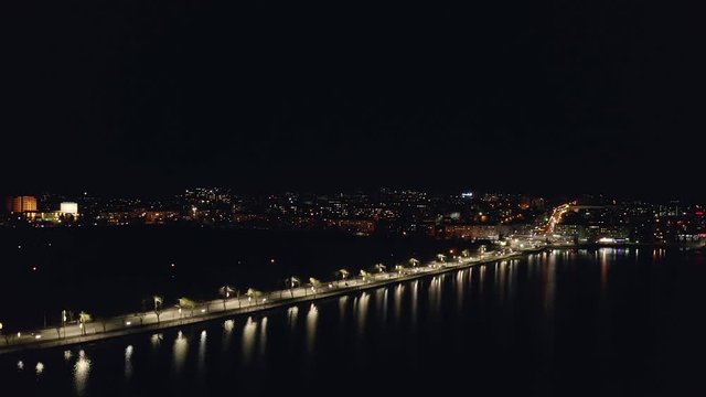 Top view of night city with cars and night lights. night Ternopil. Ukraine. Night life.