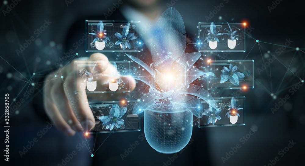 Leinwandbilder man holding and touching holographic projection of a plant with digital analysis 3d rendering