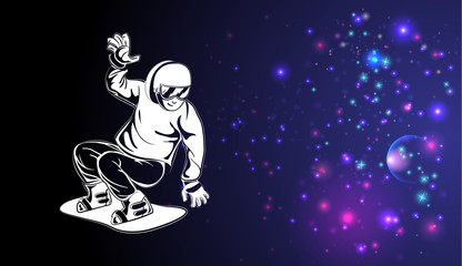 Cartoon style man on snowboard and galaxy background. Snowboard resort poster design.