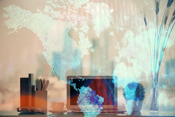 Stock market graph and table with computer background. Multi exposure. Concept of financial analysis.