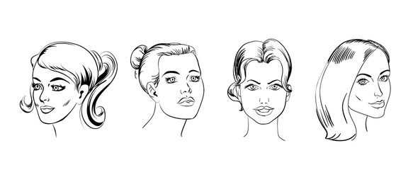 Cartoon young girl faces collection in line art style. Use it for print or web poster design creation.