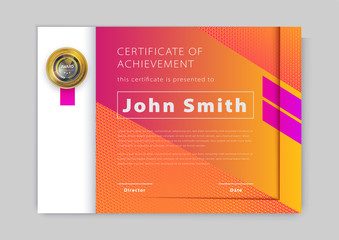 Official orange certificate with pink design elements. Modern blank with gold emblem. Vector illustration