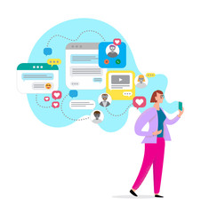 Cartoon style character with social media application windows around. Time management poster design.