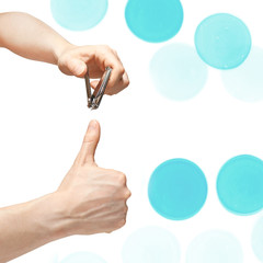 Man do manicure at home. Self hand routine. Copy space for text. Male finger procedure. White background isolated. Copyspace. Thumb fingernail clean. Man manicurist service. Square. Blue bokeh lights