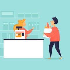 Buying food in a store, replenishment, crisis. Quarantine. Flat design vector illustration. 