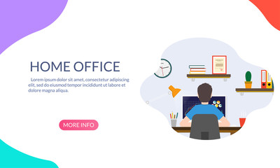 Home office banner design. Workplace with desk and computer. Freelancer workspace concept. Man working or learning at the table. Vector illustration.