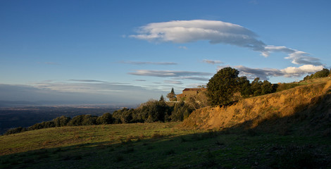 Landscape of a meadow with a house in a corner