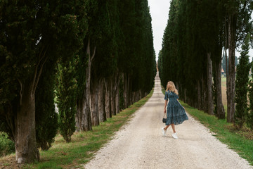 Holiday in Tuscany. Fashion portrait of young happy woman in long dress walking on pathway in typical cypresses alley in Italian countryside