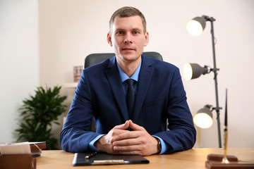 Man using video chat in office, view from web camera