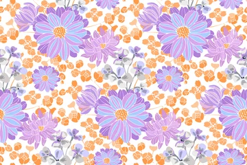 Behang Vector floral seamless pattern. Small purple, pink, blue, orange flowers isolated on a white background. © ArtZuka