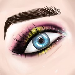  Beautiful blue eyes with bright make -up. Fashion illustration