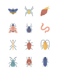 worm and insect icon set, flat style
