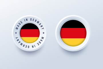 Made in Germany round label, badge, button, sticker with German national flag. Vector illustration in 3d style for German producers.