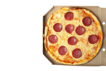 Tasty pepperoni pizza in cardboard box isolated on white, top view