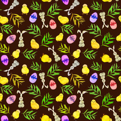 Seamless easter pattern with rabbits, chickens, eggs