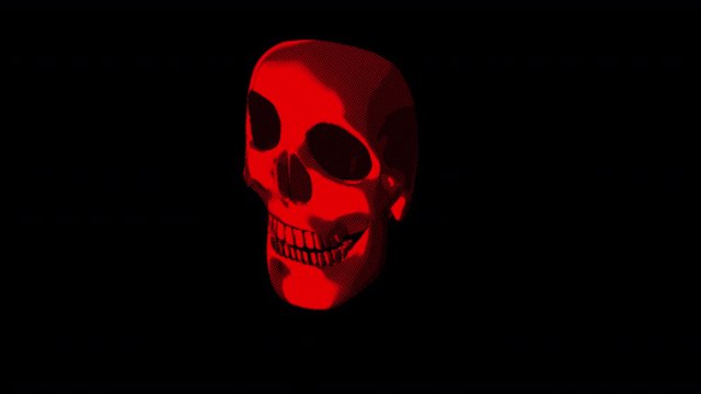 Seamless animation red skull printed drawn style cartoon isolated with alpha channel. Hypnotic halloween background with comic halftone effect.