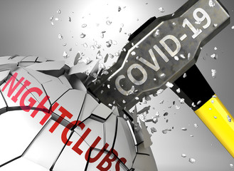 Nightclubs and Covid-19 virus, symbolized by virus destroying word Nightclubs to picture that coronavirus affects Nightclubs and leads to crisis and  recession, 3d illustration