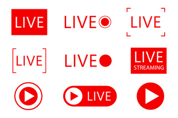 Set of live streaming icons. Set of Live broadcasting icons. Button, red symbols for news, TV, movies, shows. Vector