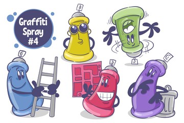Set of funny cartoon character. Spray paint can. On white background. Vector