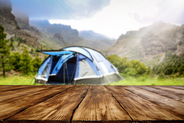 Desk of free space and camping background 