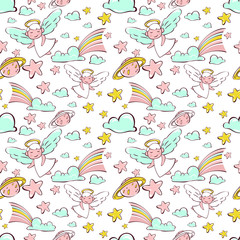  childish seamless pattern. angels in the sky