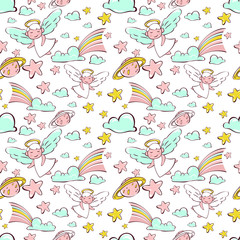  childish seamless pattern. angels in the sky