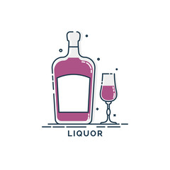 Bottle and glass liquor line art in flat style. Restaurant alcoholic illustration for celebration design. Design contour element. Beverage outline icon. Isolated on white background in graphic style