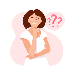 Woman thinks. Girl thinking about problems, finance, life, relationship etc. Question. Girl solves a problem. Mom doubts. Woman with question marks. Cartoon vector illustration