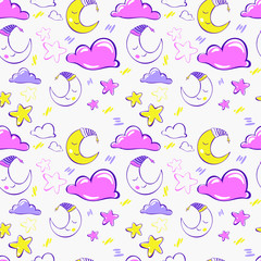  Baby seamless pattern. Month and stars. Night sky. vector