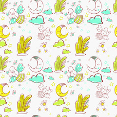  Baby seamless pattern. Month and stars. Night sky. Fairy. vector