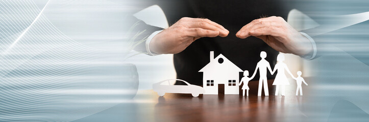 Concept of family, home and car insurance; panoramic banner