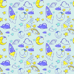  childish seamless pattern. rocket in the night sky