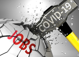 Jobs and Covid-19 virus, symbolized by virus destroying word Jobs to picture that coronavirus affects Jobs and leads to crisis and  recession, 3d illustration