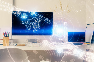 Double exposure of desktop with personal computer on background and tech theme drawing. Concept of Bigdata.