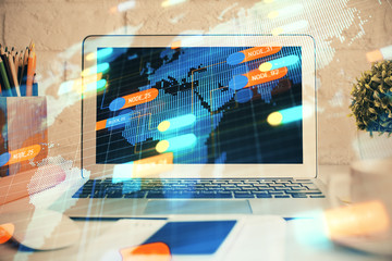 Double exposure of desktop with personal computer on background and tech theme drawing. Concept of Bigdata.