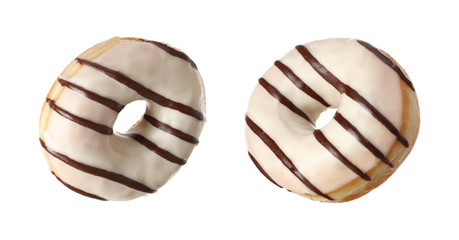 Collage with delicious glazed donuts on white background