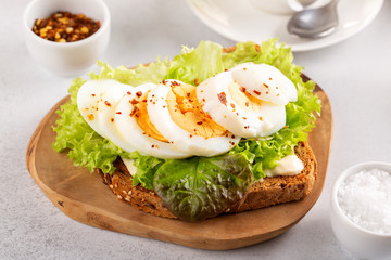 Delicious breakfast. Sandwich with boiled egg on toasted bread.