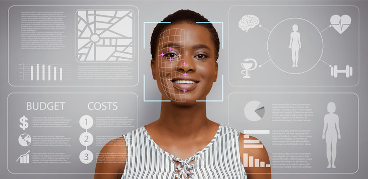 Facial scan of African American girl on grey background with analytics on virtual computer screen, panorama