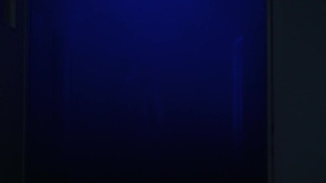Specialist in protective suit in long hazy corridor sprays disinfectant liquid on walls; flashing police light