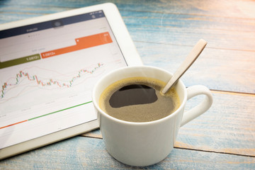 Hot black coffee with business on a blue painted wooden table