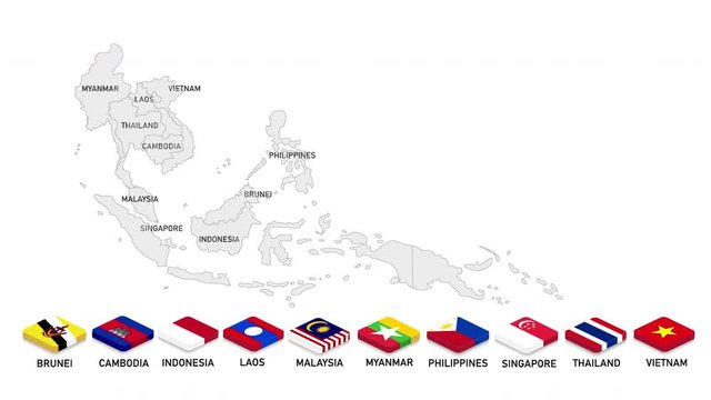 ASEAN international group of organization in Southeast Asia with member flags and map animated background. 