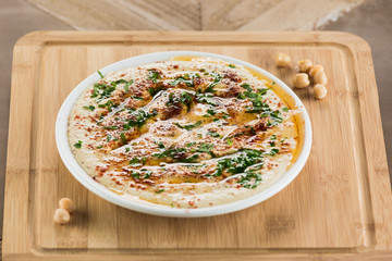 Hummus traditional arabic food from chickpea. illustration of vegetarian vegan meal