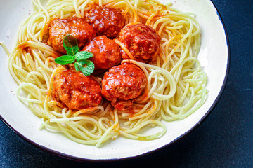 pasta spaghetti meatballs tomato sauce, main course Menu concept, food background, diet. top view. copy space for text