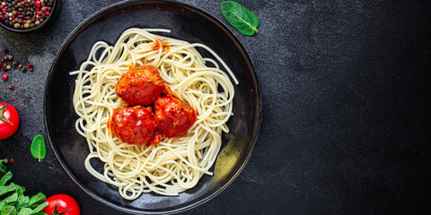 pasta spaghetti meatballs tomato sauce, main course Menu concept, food background, diet. top view. copy space for text