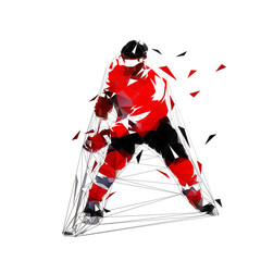 Ice hockey player in red jersey skating with a puck, isolated low polygonal vector illustration. Front view