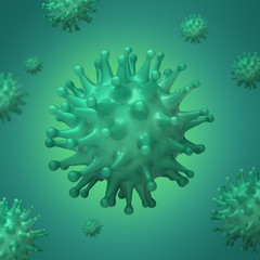 Virus bacteria cells 3D render background image. Flu, influenza, coronavirus model illustration. Covid-19 banner.